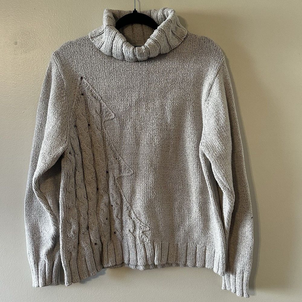 Woolrich Gray‎ Heather Sweater Women Bead Tree Cable Knit Turtleneck Oatmeal XL